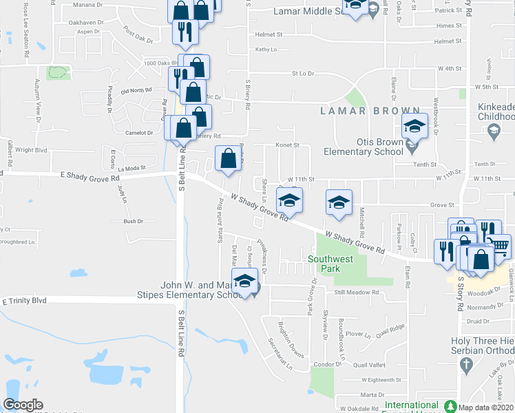 map of restaurants, bars, coffee shops, grocery stores, and more near 3219 West Shady Grove Road in Irving