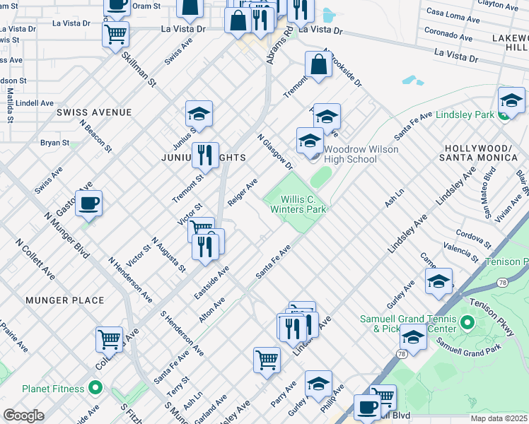 map of restaurants, bars, coffee shops, grocery stores, and more near 100 Juliette Fowler Street in Dallas