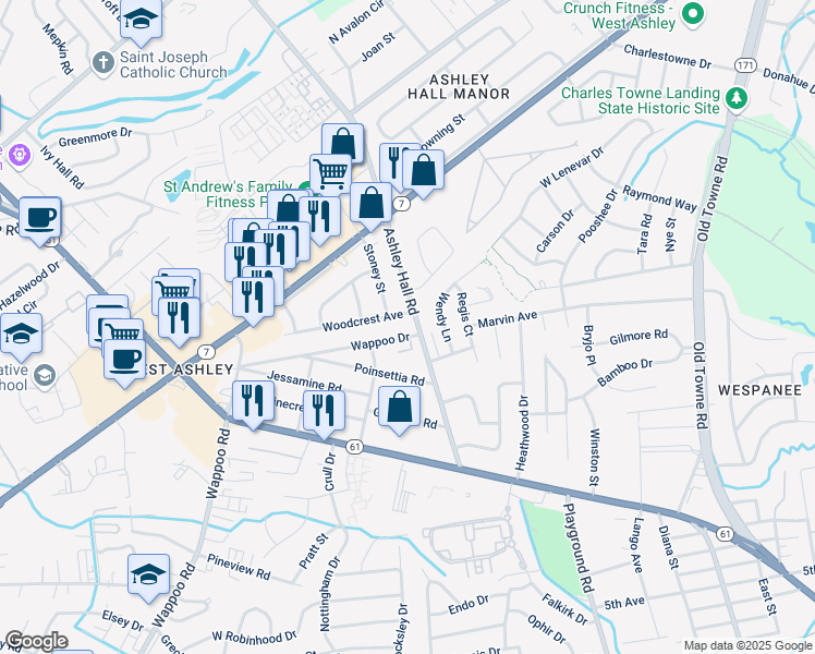map of restaurants, bars, coffee shops, grocery stores, and more near 1285 Ashley Hall Road in Charleston