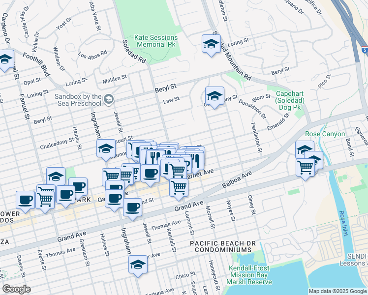 map of restaurants, bars, coffee shops, grocery stores, and more near 1921 Diamond Street in San Diego