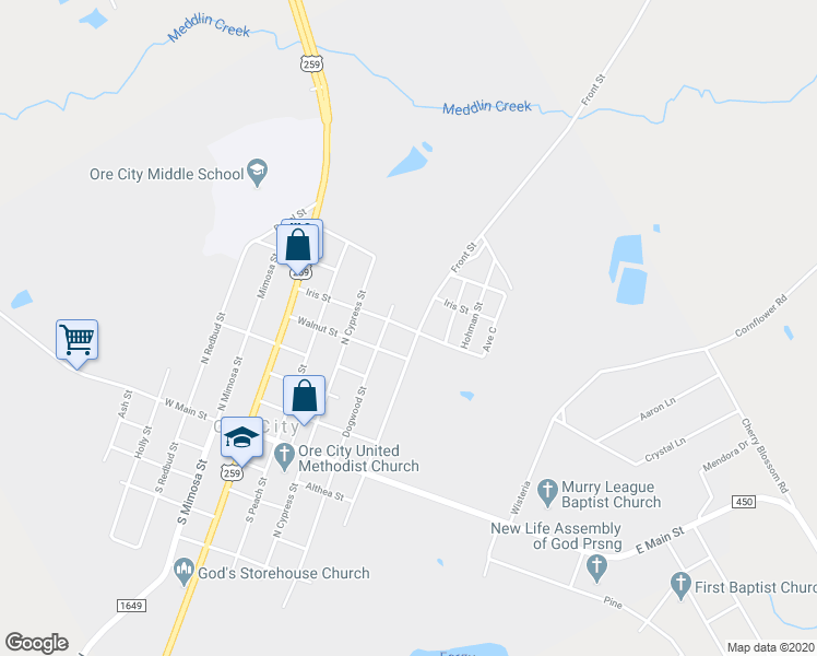 map of restaurants, bars, coffee shops, grocery stores, and more near Iris Street in Ore City