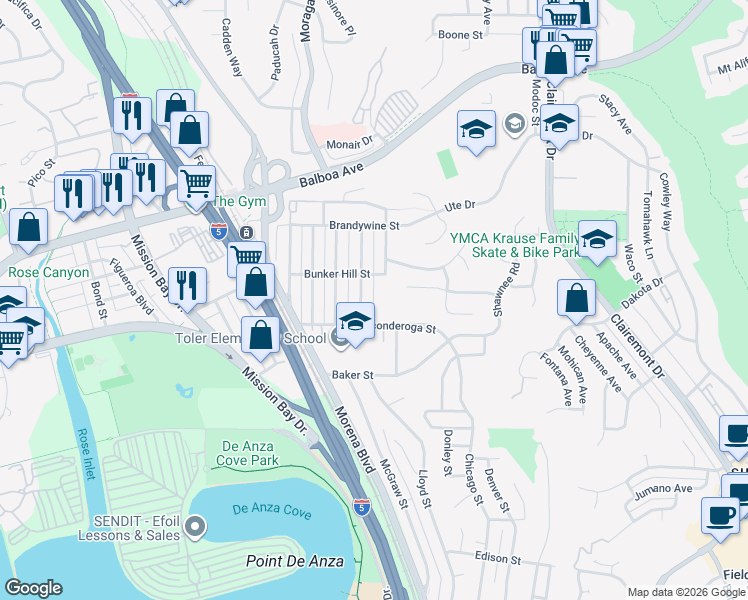 map of restaurants, bars, coffee shops, grocery stores, and more near Trenton Avenue in San Diego