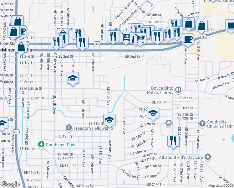 map of restaurants, bars, coffee shops, grocery stores, and more near 1647-1501 Southeast Martin Luther King Junior Street in Mineral Wells