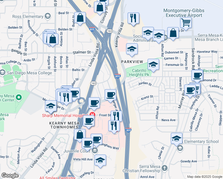 map of restaurants, bars, coffee shops, grocery stores, and more near 39 Berger Avenue in San Diego
