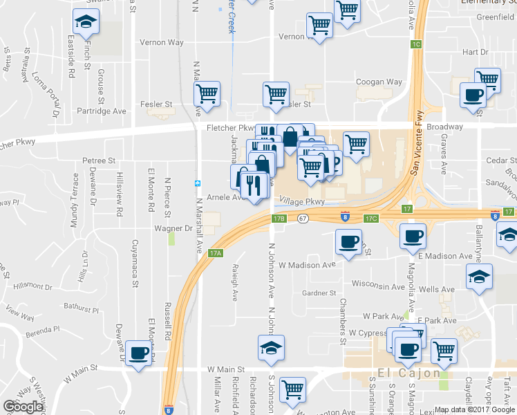 map of restaurants, bars, coffee shops, grocery stores, and more near 721 Arnele Avenue in El Cajon