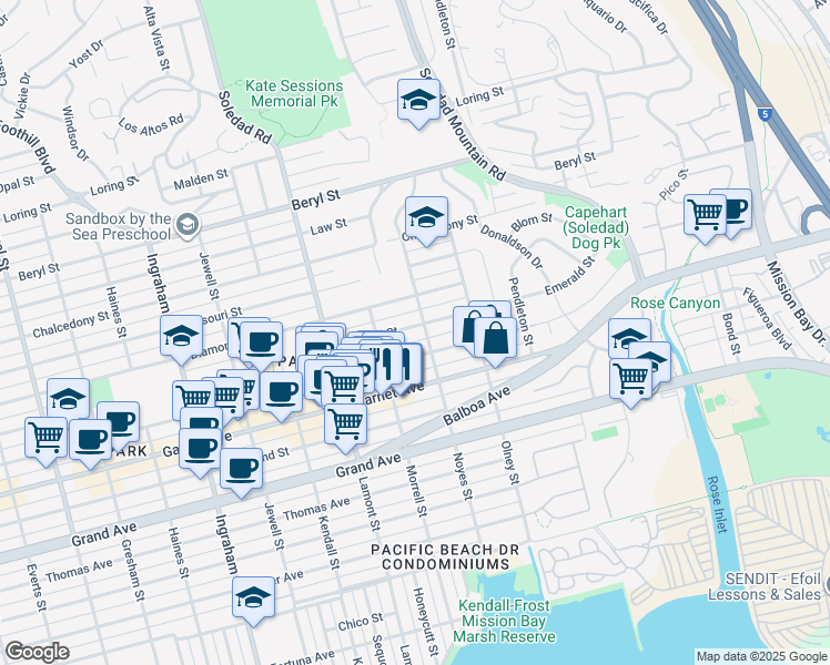 map of restaurants, bars, coffee shops, grocery stores, and more near 2077 Emerald Street in San Diego