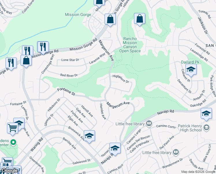 map of restaurants, bars, coffee shops, grocery stores, and more near 7492 Margerum Avenue in San Diego