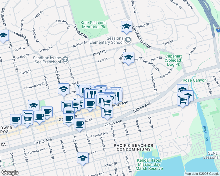 map of restaurants, bars, coffee shops, grocery stores, and more near 1921 Diamond Street in San Diego