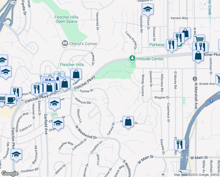 map of restaurants, bars, coffee shops, grocery stores, and more near 1815 Galway Place in El Cajon