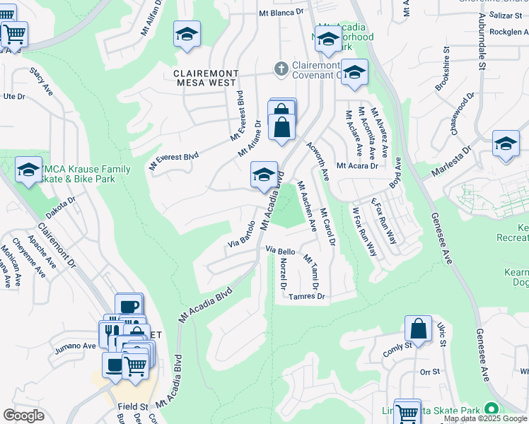 map of restaurants, bars, coffee shops, grocery stores, and more near 3396 Mount Acadia Boulevard in San Diego