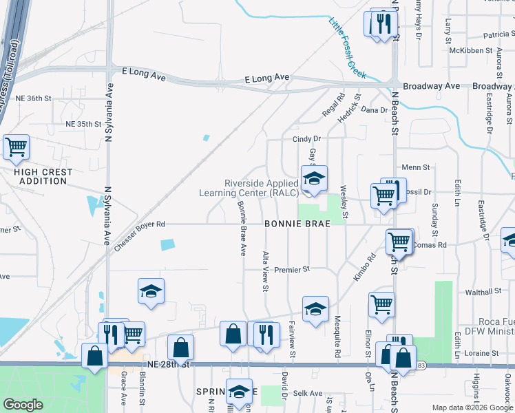 map of restaurants, bars, coffee shops, grocery stores, and more near 3217 Alta View Street in Fort Worth
