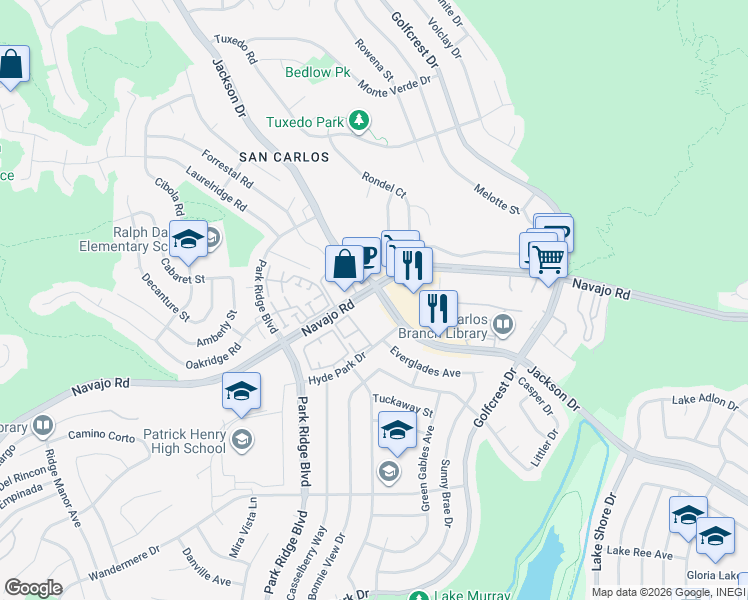 map of restaurants, bars, coffee shops, grocery stores, and more near 7448 Jackson Drive in San Diego