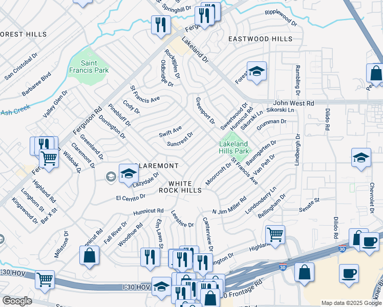 map of restaurants, bars, coffee shops, grocery stores, and more near 8428 Sweetwood Drive in Dallas