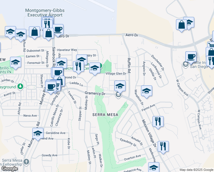 map of restaurants, bars, coffee shops, grocery stores, and more near 9072 Gramercy Drive in San Diego