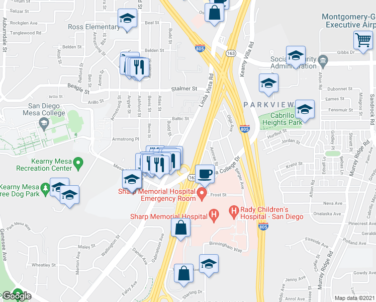 map of restaurants, bars, coffee shops, grocery stores, and more near 7737 Linda Vista Road in San Diego