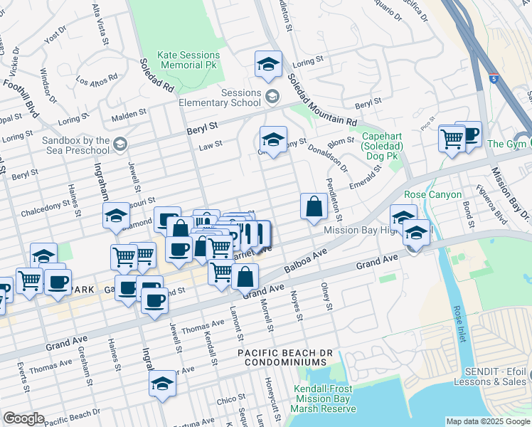 map of restaurants, bars, coffee shops, grocery stores, and more near 2077 Emerald Street in San Diego