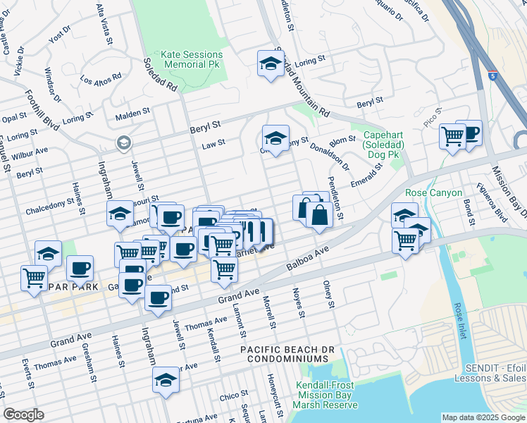 map of restaurants, bars, coffee shops, grocery stores, and more near 2077 Emerald Street in San Diego