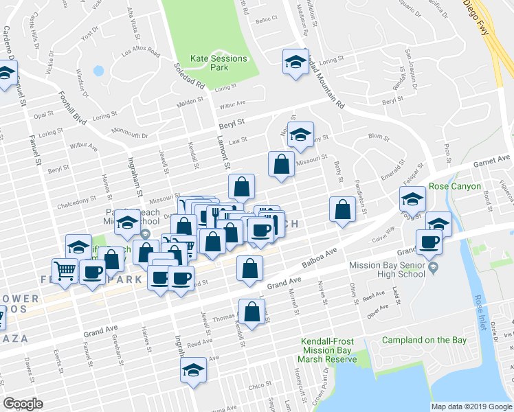 map of restaurants, bars, coffee shops, grocery stores, and more near 1921 Diamond Street in San Diego