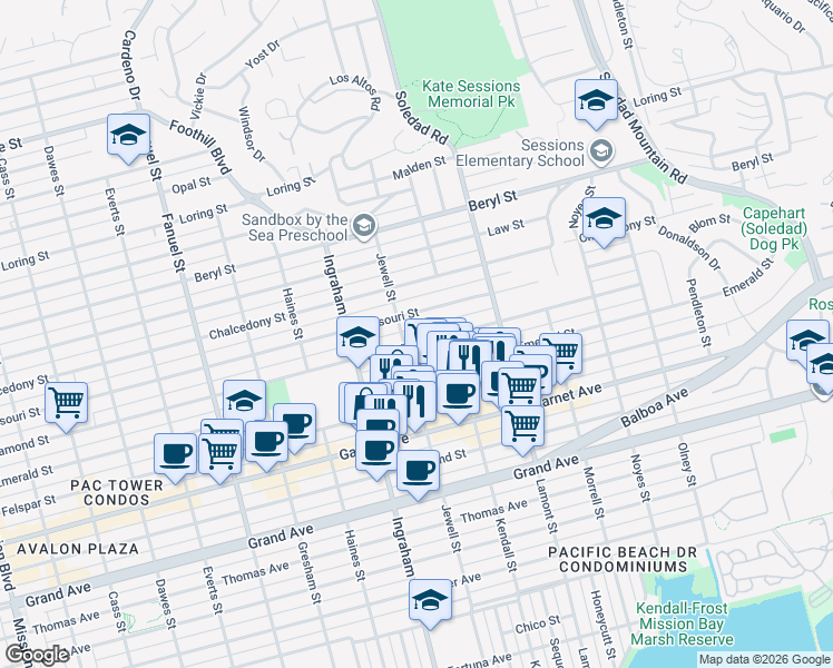 map of restaurants, bars, coffee shops, grocery stores, and more near 4730 Jewell Street in San Diego