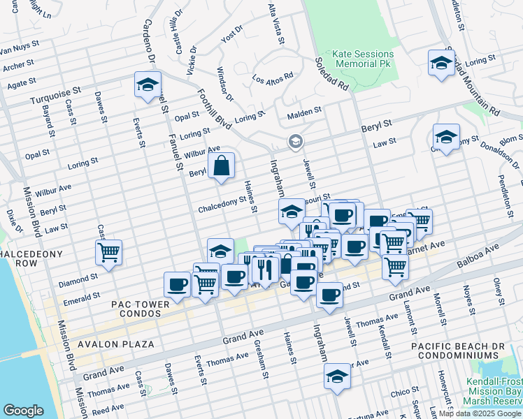 map of restaurants, bars, coffee shops, grocery stores, and more near 1536 Missouri Street in San Diego