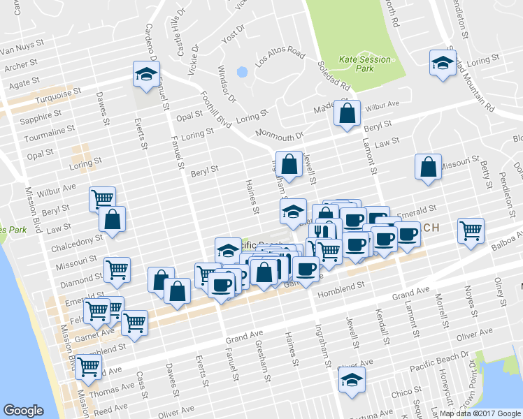 map of restaurants, bars, coffee shops, grocery stores, and more near 1536 Missouri Street in San Diego