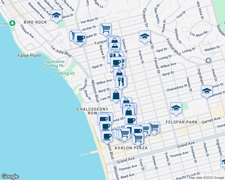 map of restaurants, bars, coffee shops, grocery stores, and more near 927 Beryl Street in San Diego