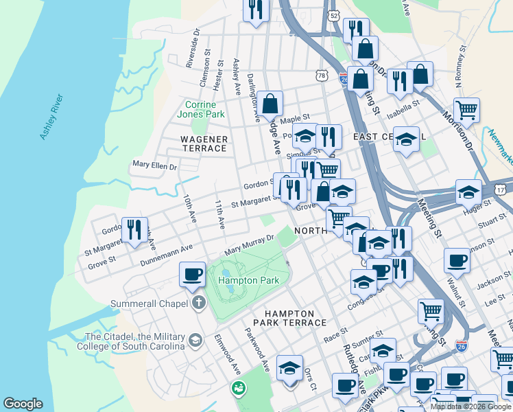 map of restaurants, bars, coffee shops, grocery stores, and more near 47 Saint Margaret Street in Charleston