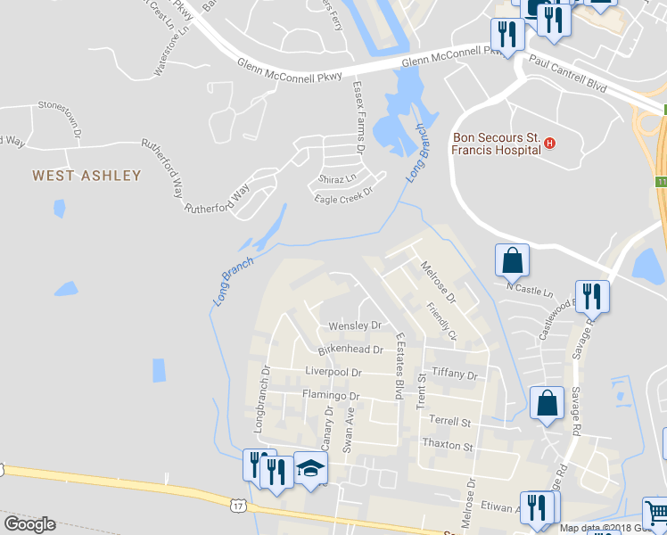 map of restaurants, bars, coffee shops, grocery stores, and more near 944 East Estates Boulevard in Charleston