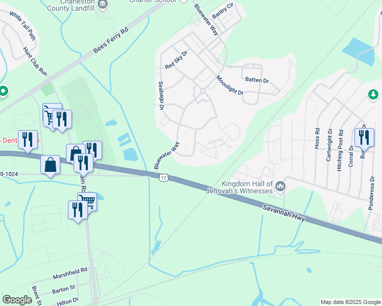 map of restaurants, bars, coffee shops, grocery stores, and more near 1674 Bluewater Way in Charleston