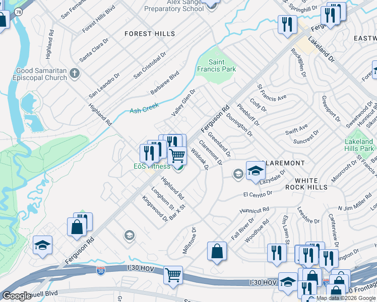 map of restaurants, bars, coffee shops, grocery stores, and more near 2312 Wildoak Drive in Dallas