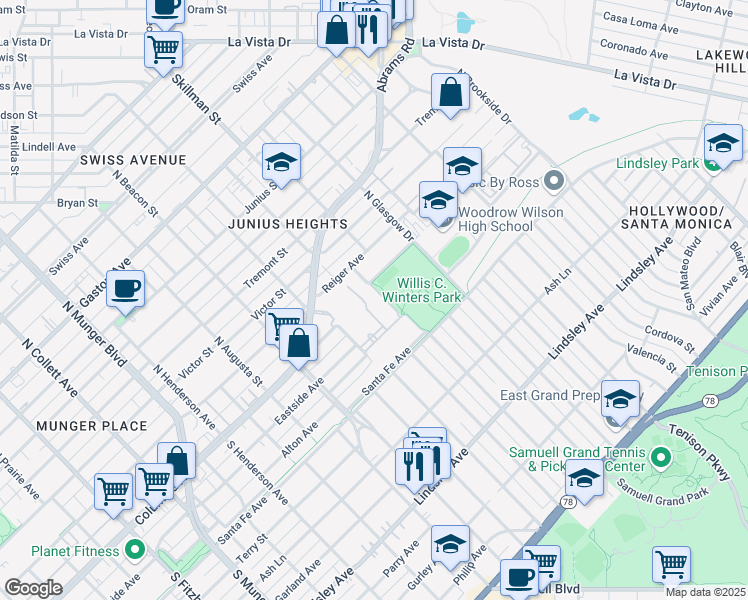 map of restaurants, bars, coffee shops, grocery stores, and more near 100 Juliette Fowler Street in Dallas