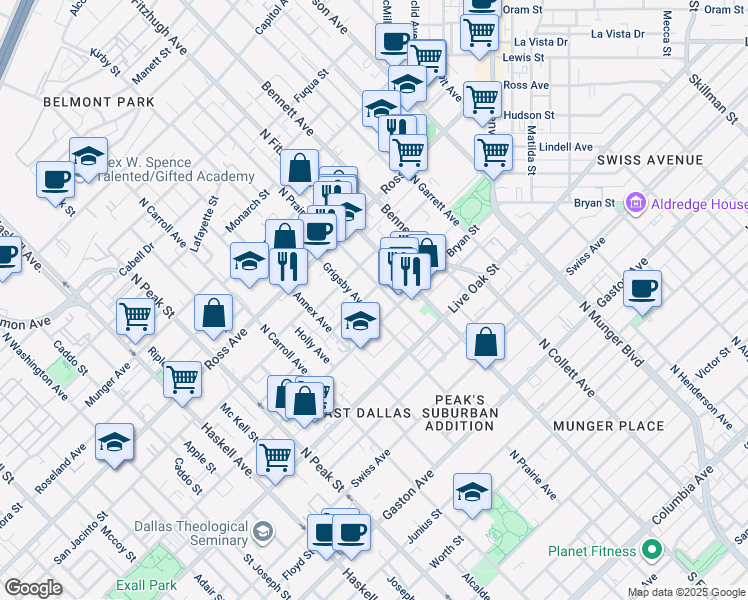 map of restaurants, bars, coffee shops, grocery stores, and more near 4710 Virginia Avenue in Dallas