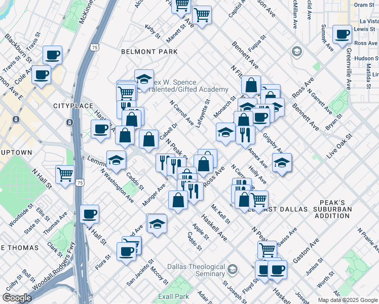 map of restaurants, bars, coffee shops, grocery stores, and more near 4326 Munger Avenue in Dallas