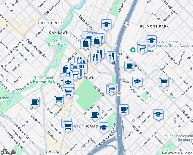map of restaurants, bars, coffee shops, grocery stores, and more near 3433 Howell Street in Dallas