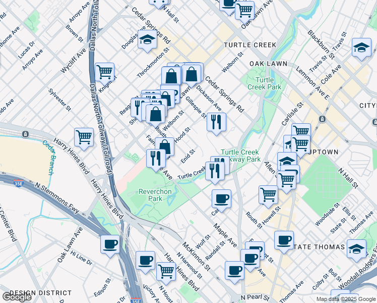 map of restaurants, bars, coffee shops, grocery stores, and more near 3508 Routh Street in Dallas