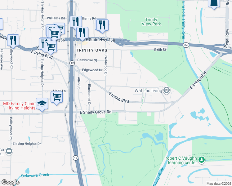 map of restaurants, bars, coffee shops, grocery stores, and more near 2016 East Irving Boulevard in Irving