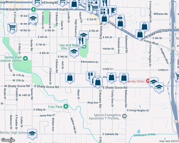 map of restaurants, bars, coffee shops, grocery stores, and more near 911 Chamberlain Street in Irving