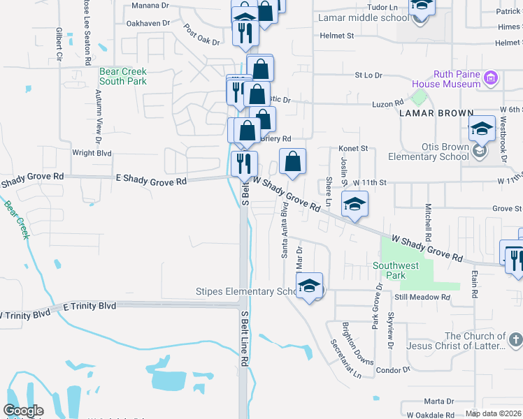 map of restaurants, bars, coffee shops, grocery stores, and more near 3324 West Shady Grove Road in Irving