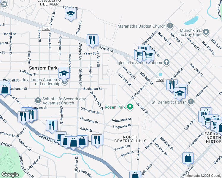 map of restaurants, bars, coffee shops, grocery stores, and more near 5001 Buchanan Street in Fort Worth