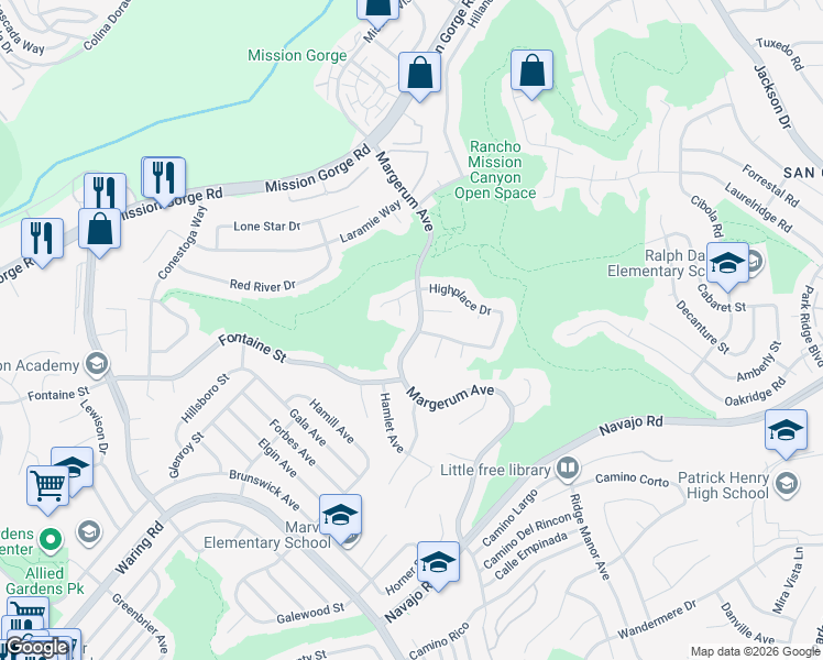 map of restaurants, bars, coffee shops, grocery stores, and more near 7492 Margerum Avenue in San Diego