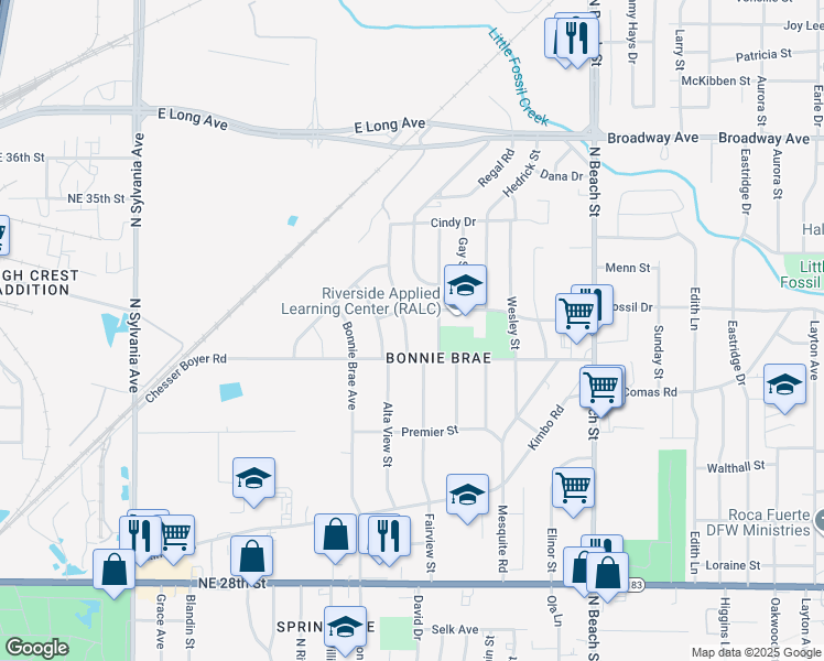 map of restaurants, bars, coffee shops, grocery stores, and more near 3216 Fairview Street in Fort Worth