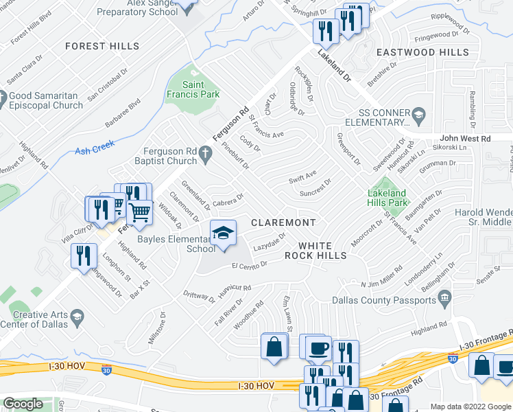 map of restaurants, bars, coffee shops, grocery stores, and more near 2462 Dorrington Drive in Dallas