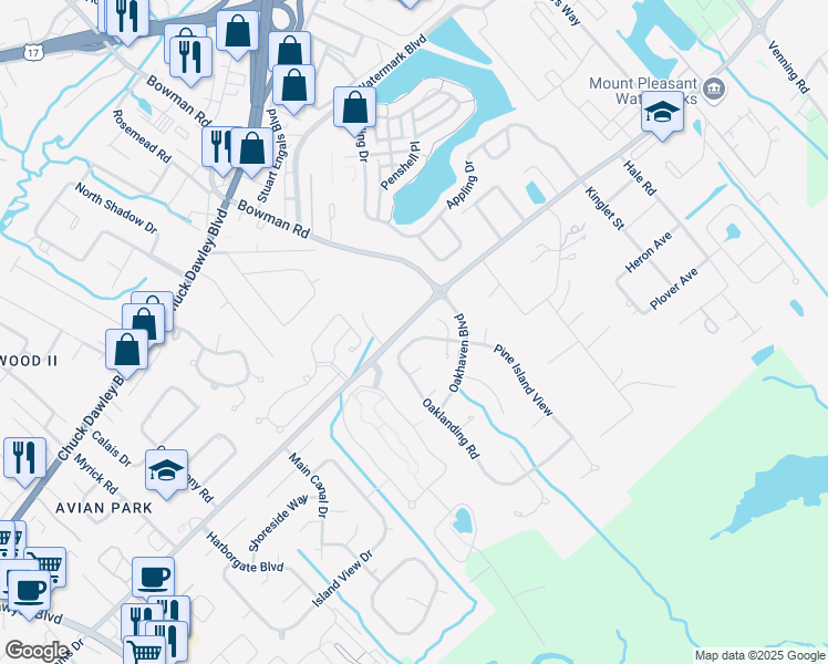 map of restaurants, bars, coffee shops, grocery stores, and more near 1411 Oak Landing Road in Mount Pleasant