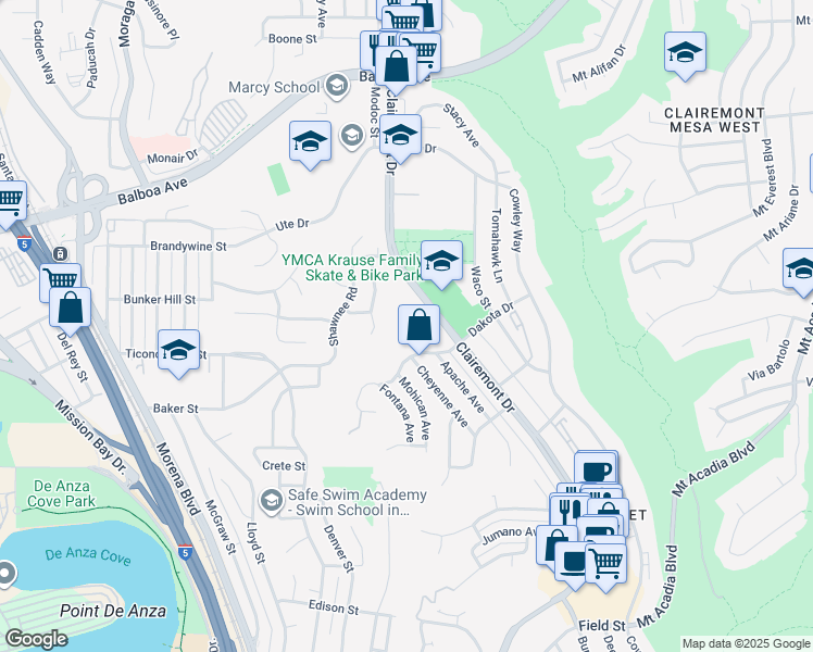 map of restaurants, bars, coffee shops, grocery stores, and more near 4731 Misty Place in San Diego