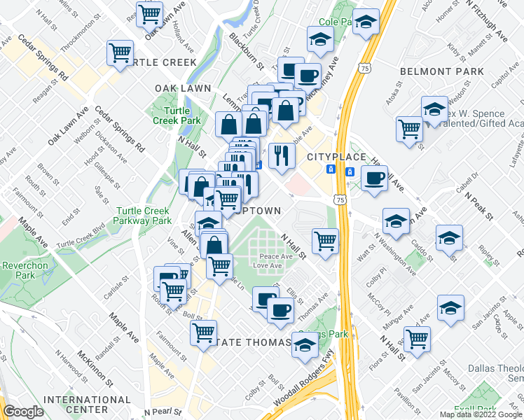 map of restaurants, bars, coffee shops, grocery stores, and more near in Dallas