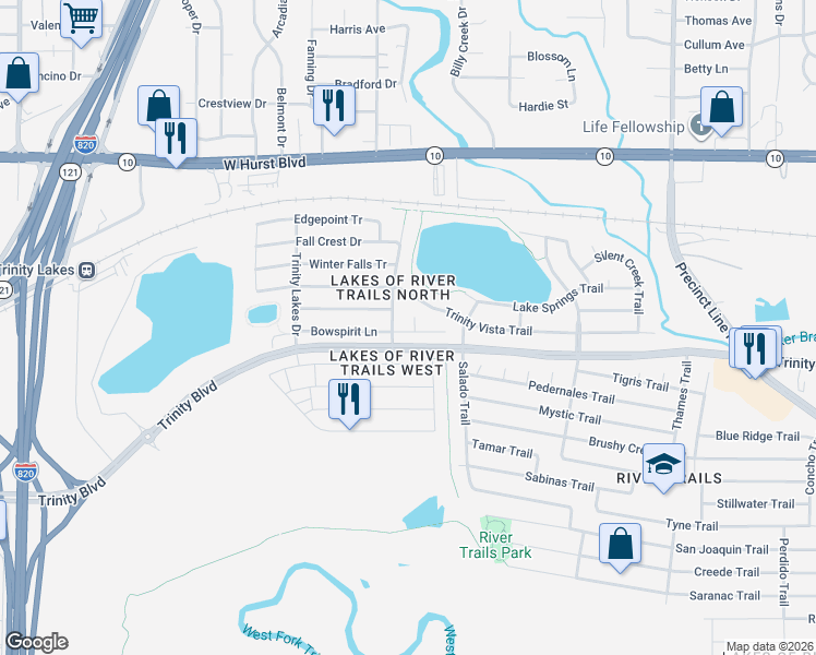 map of restaurants, bars, coffee shops, grocery stores, and more near 3005 Bowspirit Circle in Hurst