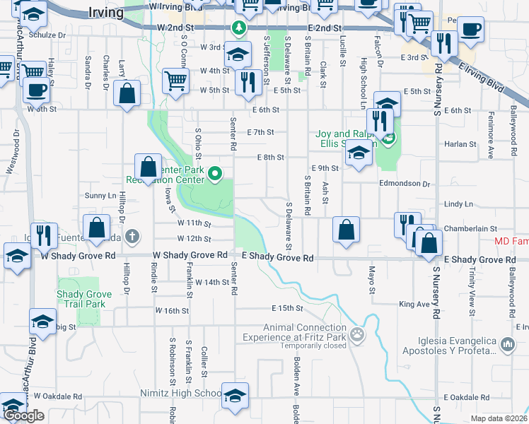 map of restaurants, bars, coffee shops, grocery stores, and more near 214 Chamberlain Street in Irving