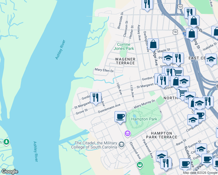 map of restaurants, bars, coffee shops, grocery stores, and more near 162 Gordon Street in Charleston