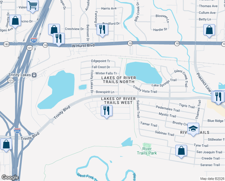 map of restaurants, bars, coffee shops, grocery stores, and more near 8349 Bowspirit Ln in Hurst