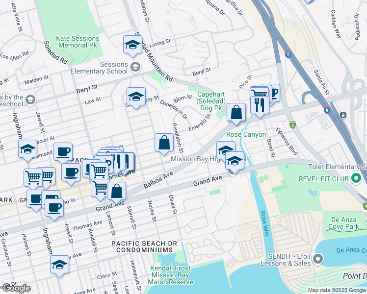 map of restaurants, bars, coffee shops, grocery stores, and more near 2303 Felspar Street in San Diego
